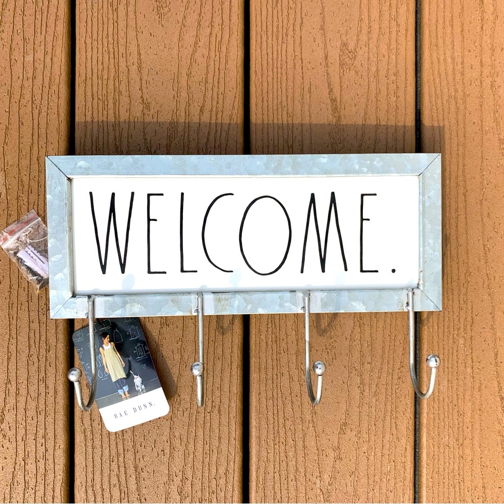 RAE DUNN LL GALVANIZED METAL WELCOME SIGN w/4 HOOKS AND HARDWARE NEW WITH TAGS